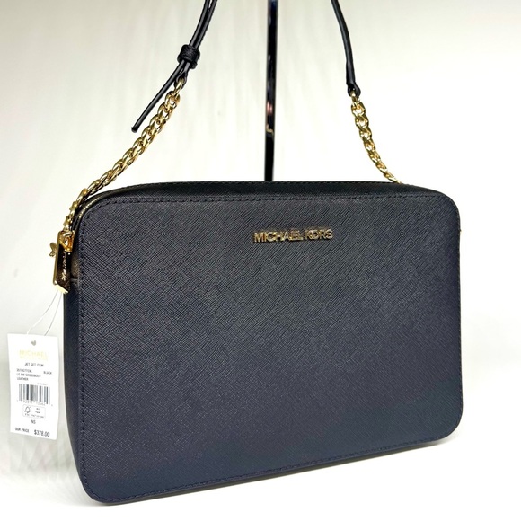 Michael Kors Jet Set Large Signature Logo Crossbody Bag Black/Gold - Picture 3 of 8